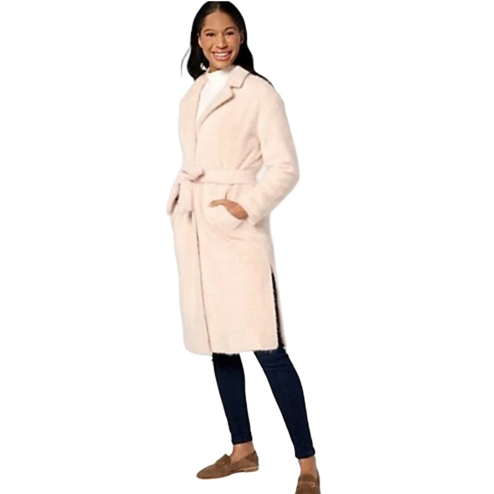 Isaac Mizrahi Wrap Long Coat with Notched Collar & Pockets OYSTER NWOT SIZE M - Picture 2 of 12